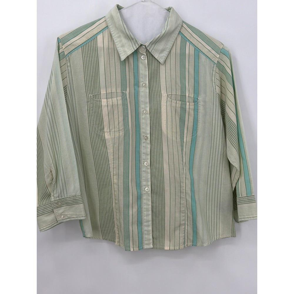French Cuff Womens Large Green Teal Striped 100%‎ Cotton 3/4 Sleeve Shirt